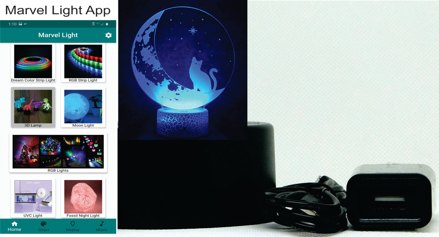 Cat on the Moon 3-D Optical Illusion Multicolored Light