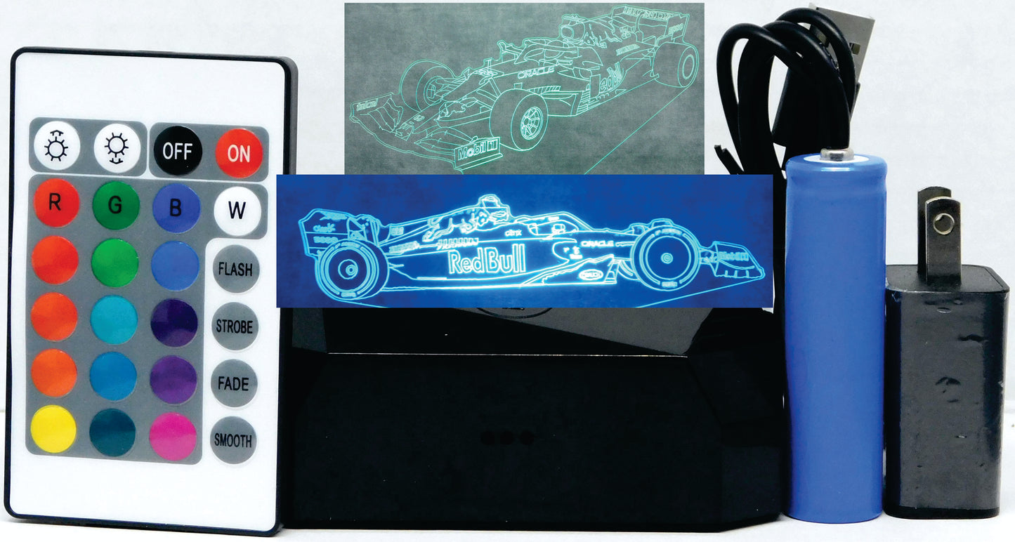Red Bull F-1 Side View Race Car 3-D Optical Illusion Multicolored Light