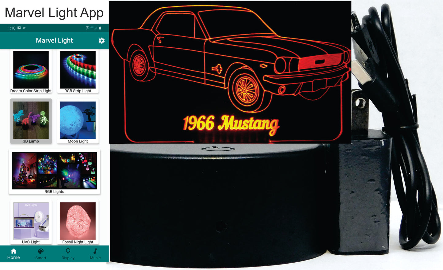 Mustang Coupe 1966 3-D Optical Illusion Multicolored Light