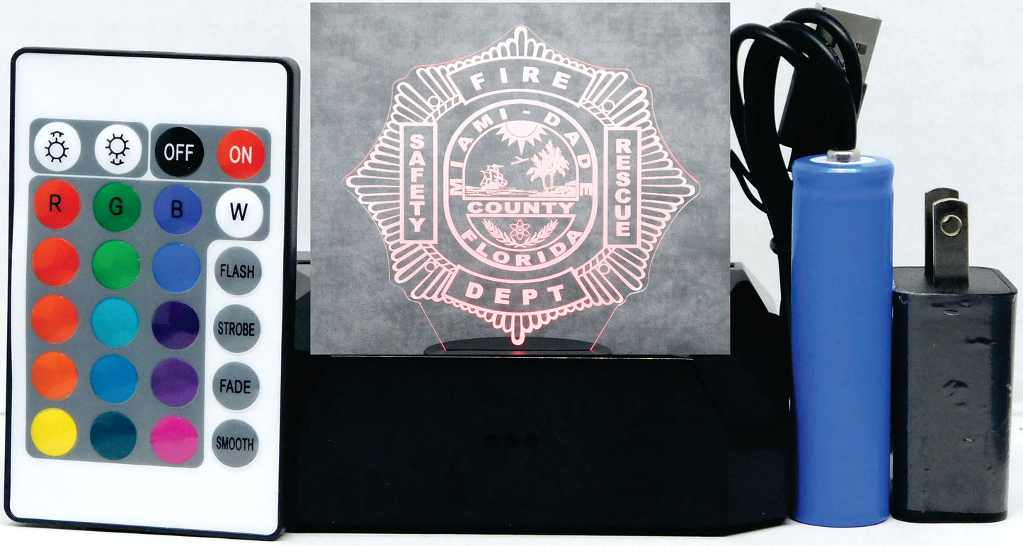 Miami Dade Firefighter Logo 3-D Optical Illusion Multicolored LED Lamp