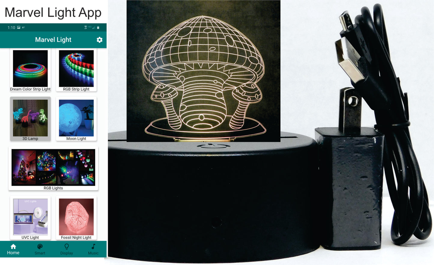 Mushroom 3-D Optical Illusion Multicolored Light