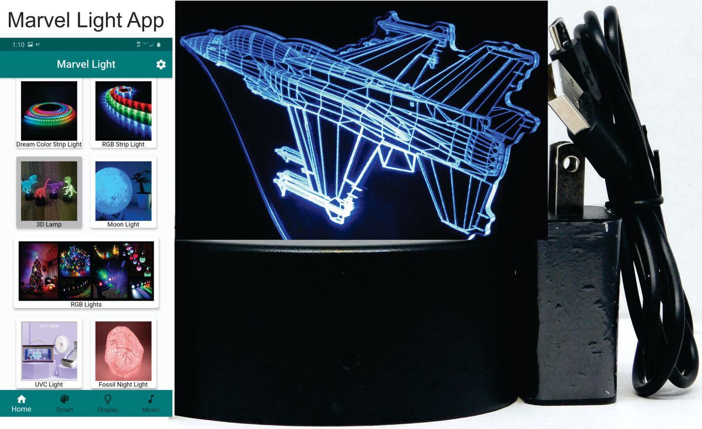 F-16 Fighter Jet 3-D Optical Illusion Multicolored LED Lamp