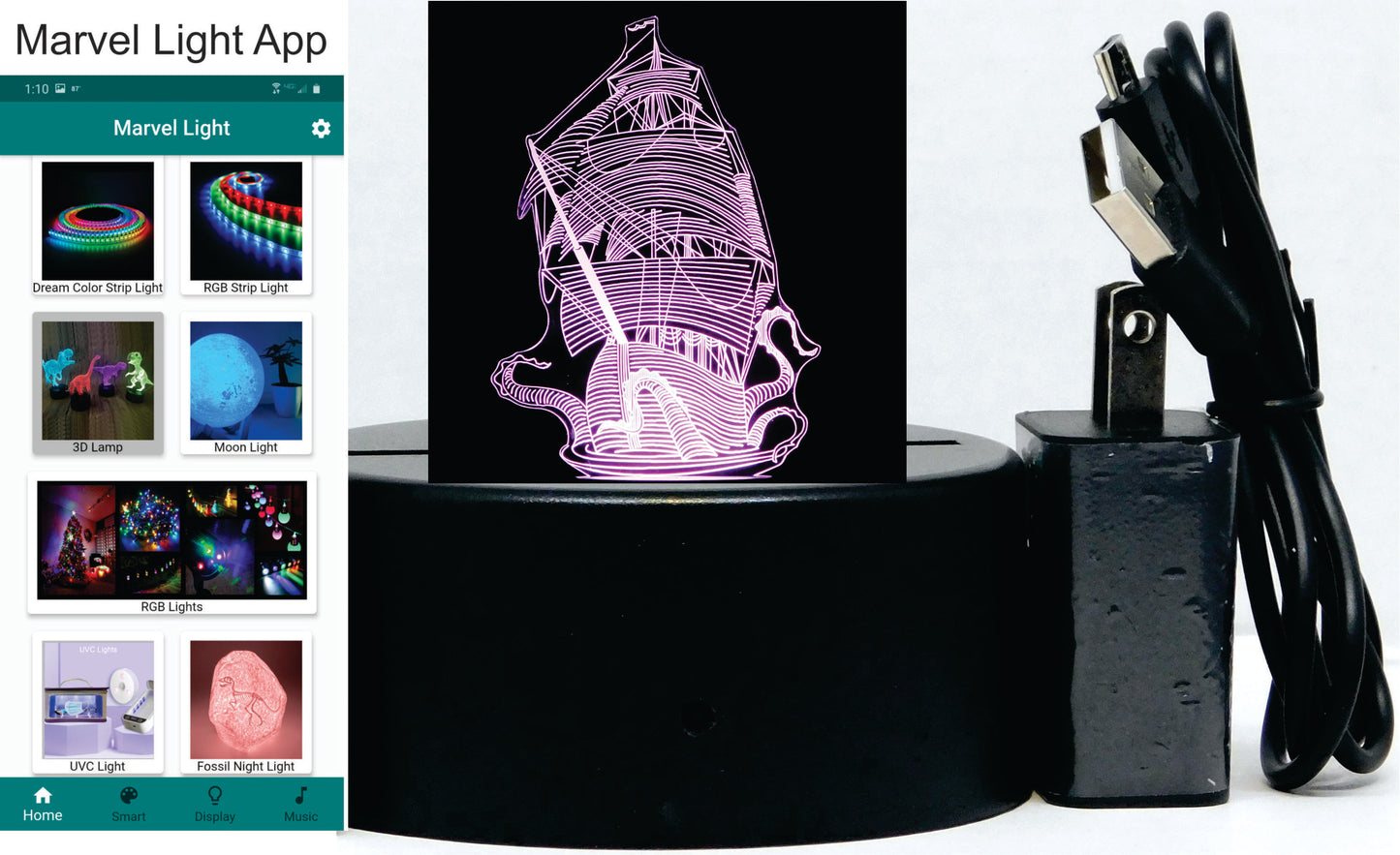 Kraken and Ship LED Desk, Table, Night Lamp