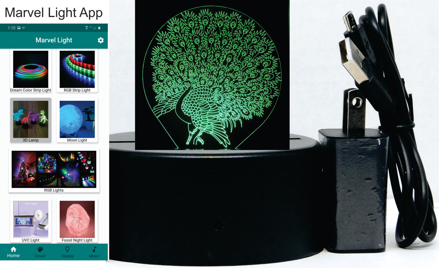 Peacock 3-D Optical Illusion Multicolored Light