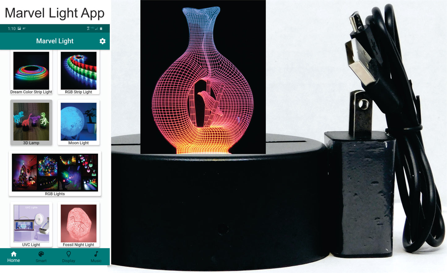 Vase with Bird 3-D Optical Illusion Multicolored Lamp