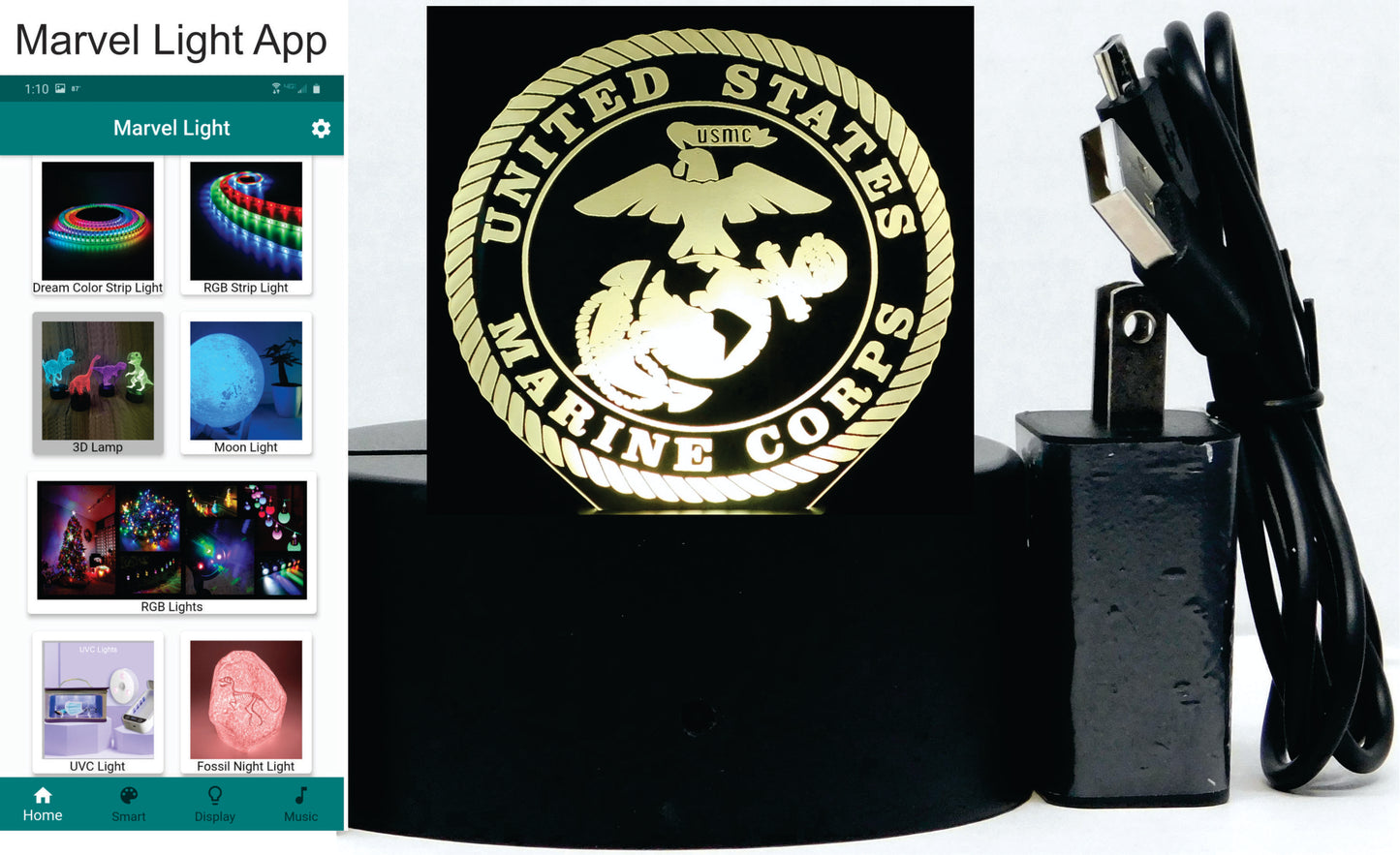 Marines Logo 3-D Optical Illusion Multicolored LED Lamp