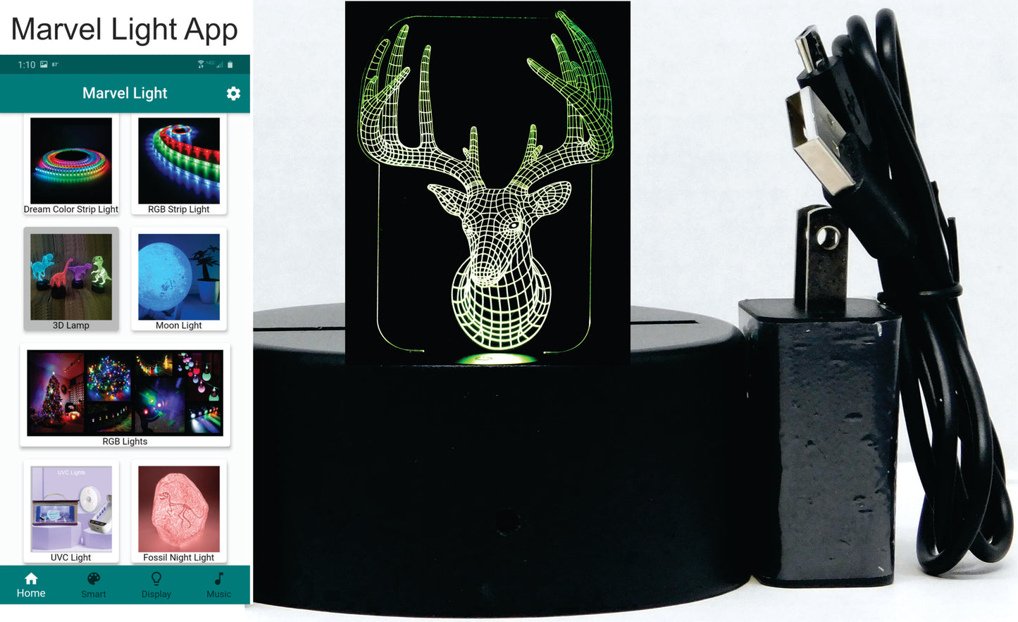Deer Head Trophy 3-D Optical Illusion Multicolored Light