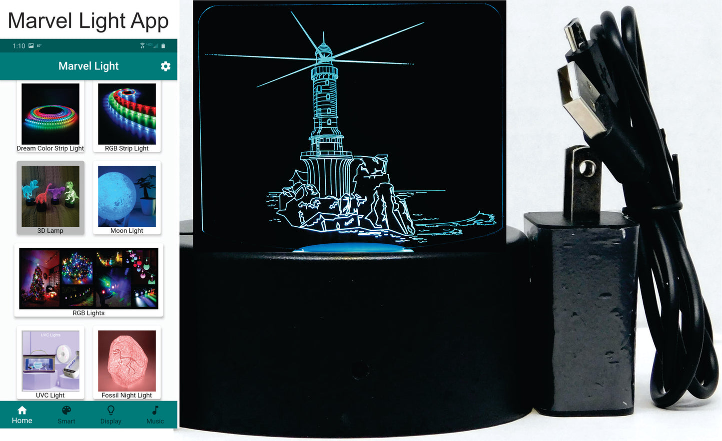 Lighthouse Seashore 3-D Optical Illusion Multicolored LED Lamp