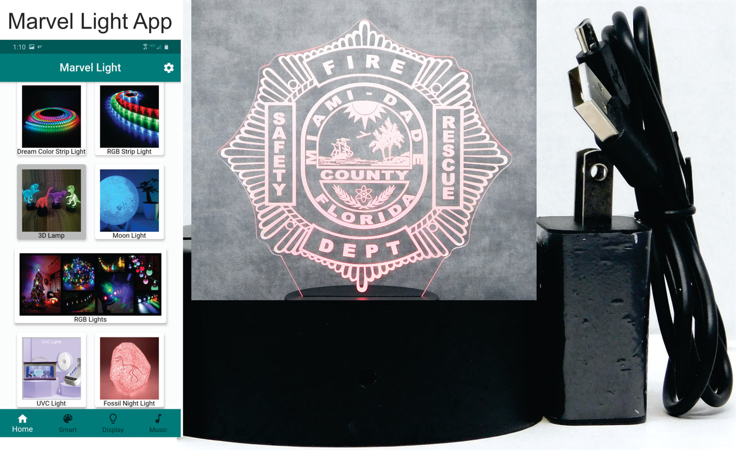 Miami Dade Firefighter Logo 3-D Optical Illusion Multicolored LED Lamp