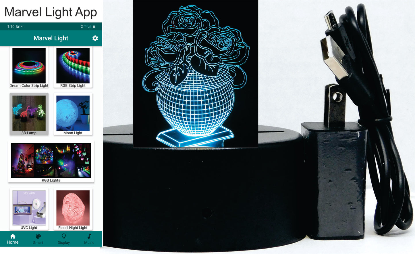 Vase with Roses 3-D Optical Illusion Multicolored Lamp