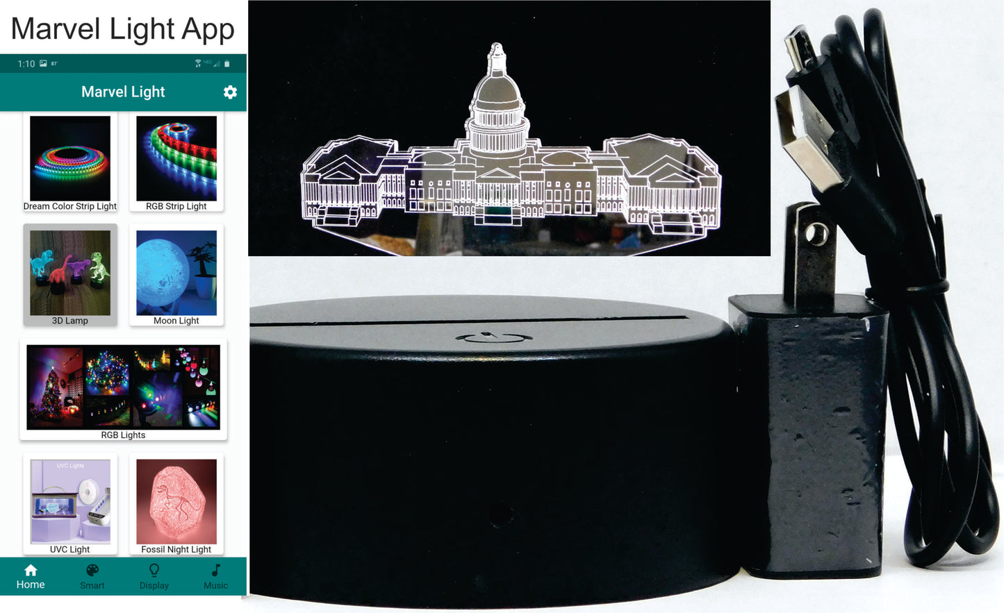 United States Capital, 3-D Optical Illusion Multicolored Lamp