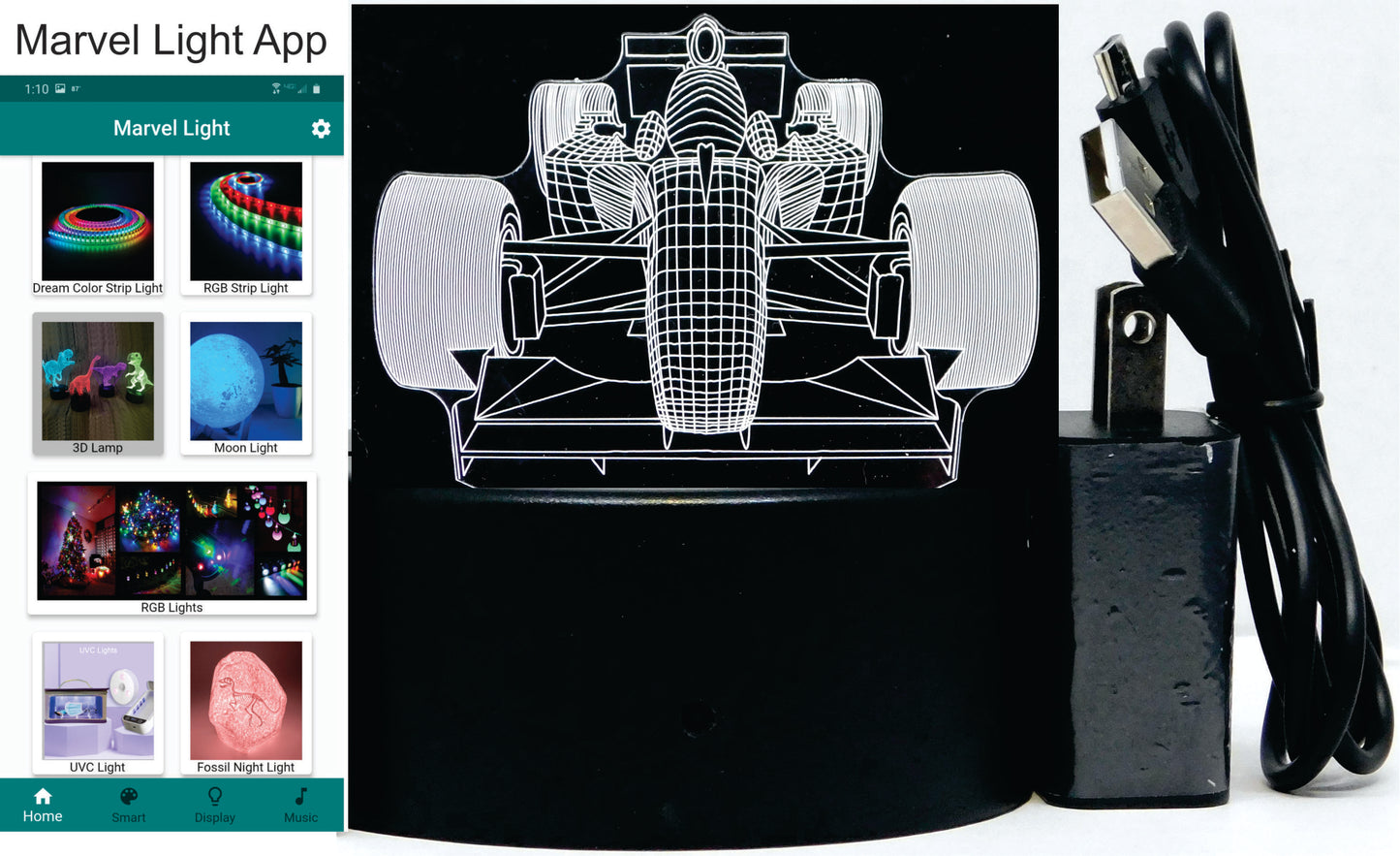 Formula 1 Front of Race Car 3-D Optical Illusion Multicolored Light