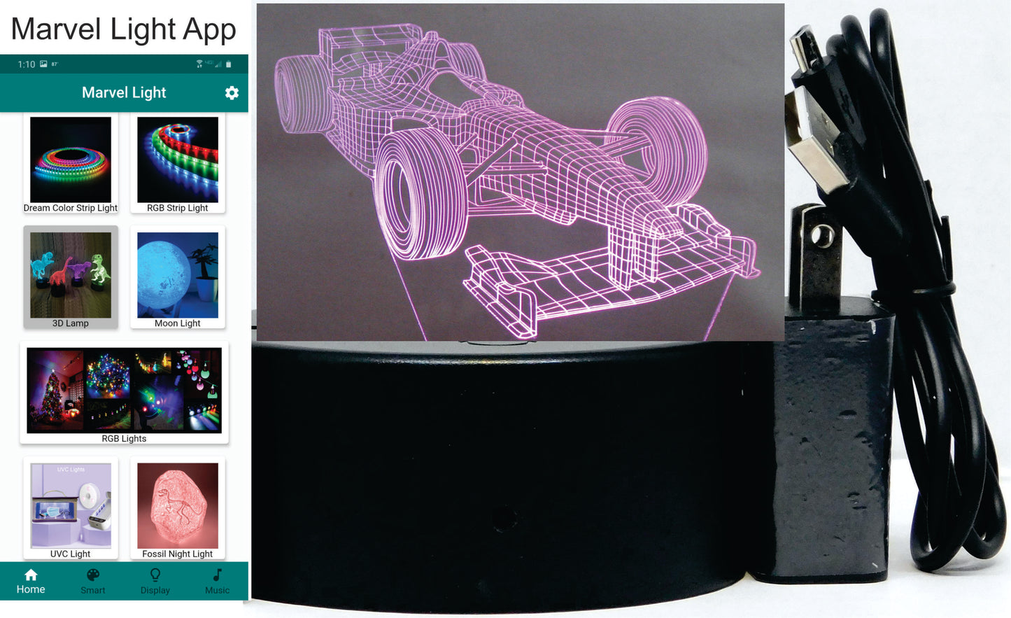 Formula One Race Car 3-D Optical Illusion Multicolored Light