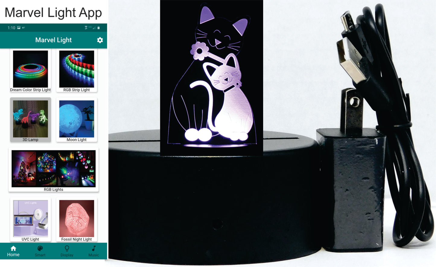 Cat & Kitten 3-D Optical Illusion Multicolored Light