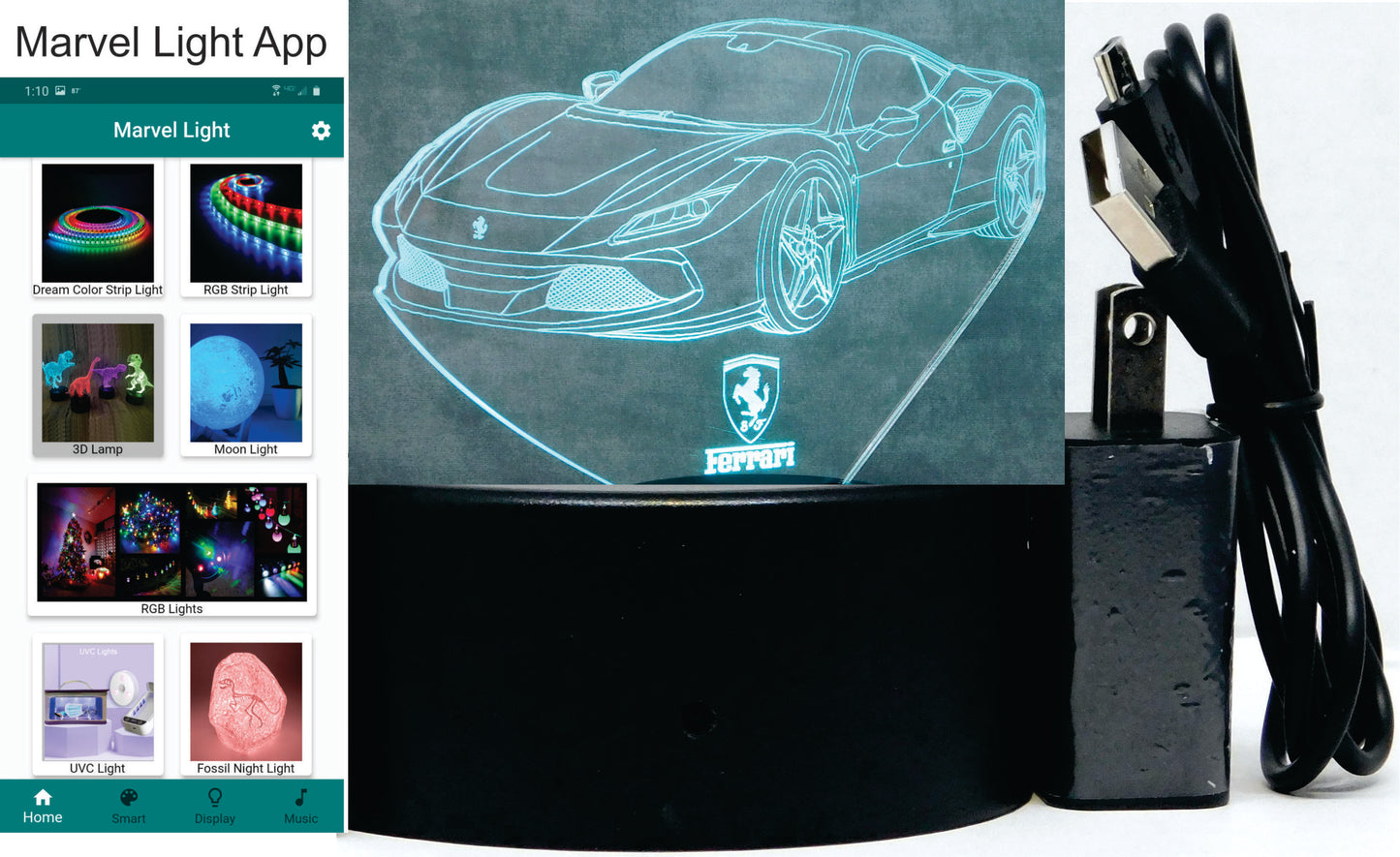 Ferrari F8 Tributo 3-D Optical Illusion Multicolored LED Lamp