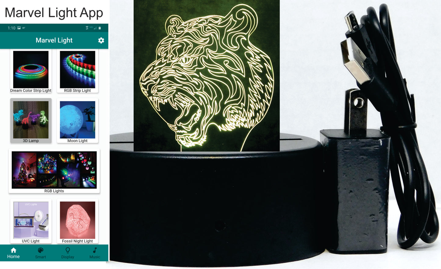 Tiger's Head Image 3-D Optical Illusion Multicolored Lamp