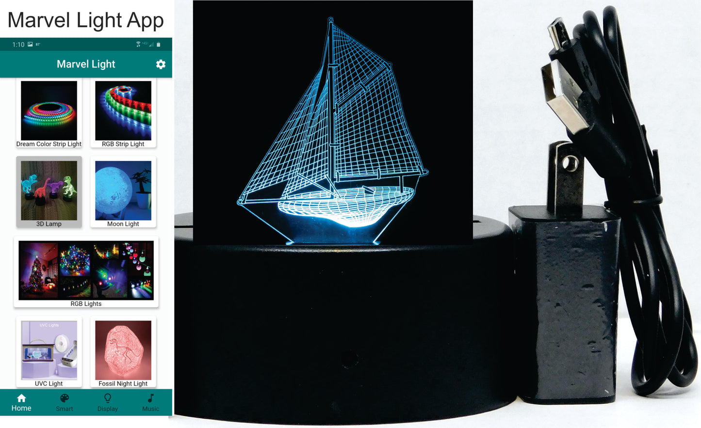 Sailboat 3-D Optical Illusion LED Desk, Table, Night Lamp