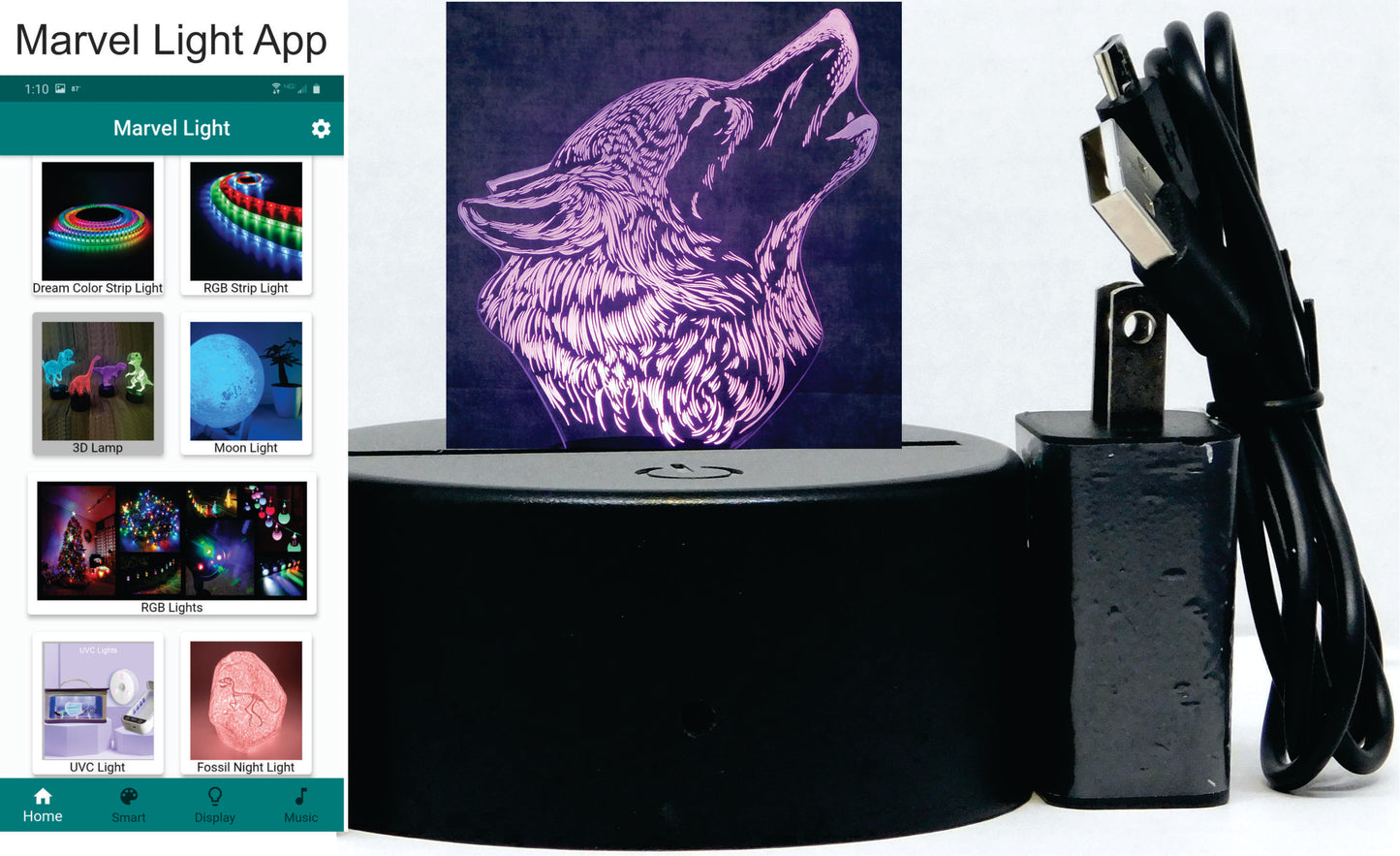 Wolf Howling 3-D Optical Illusion Multicolored Lamp