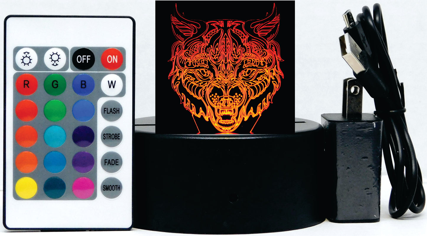 Wolf Angry Image 3-D Optical Illusion Multicolored Lamp