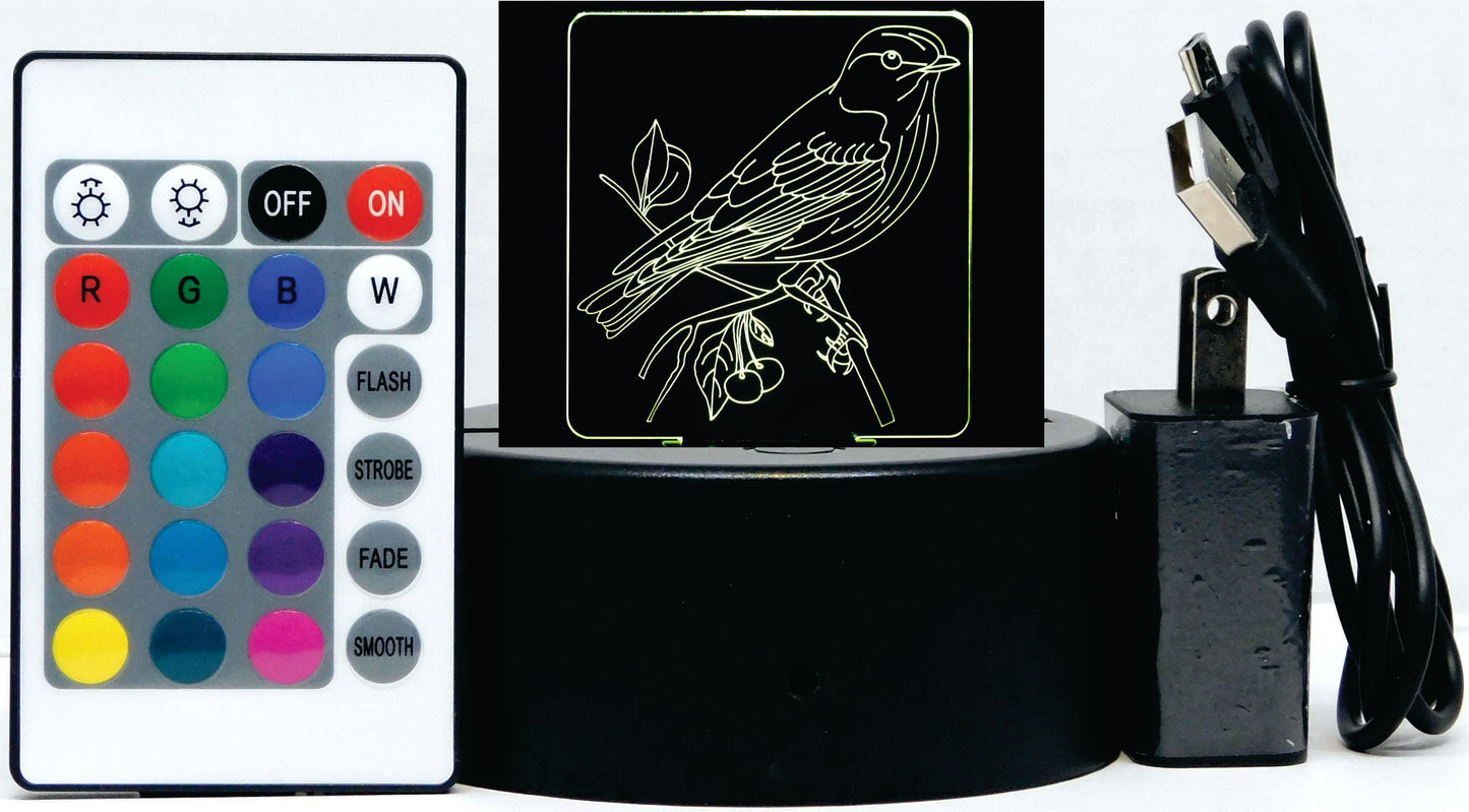 Sparrow on Branch 3-D Optical Illusion Multicolored Lamp