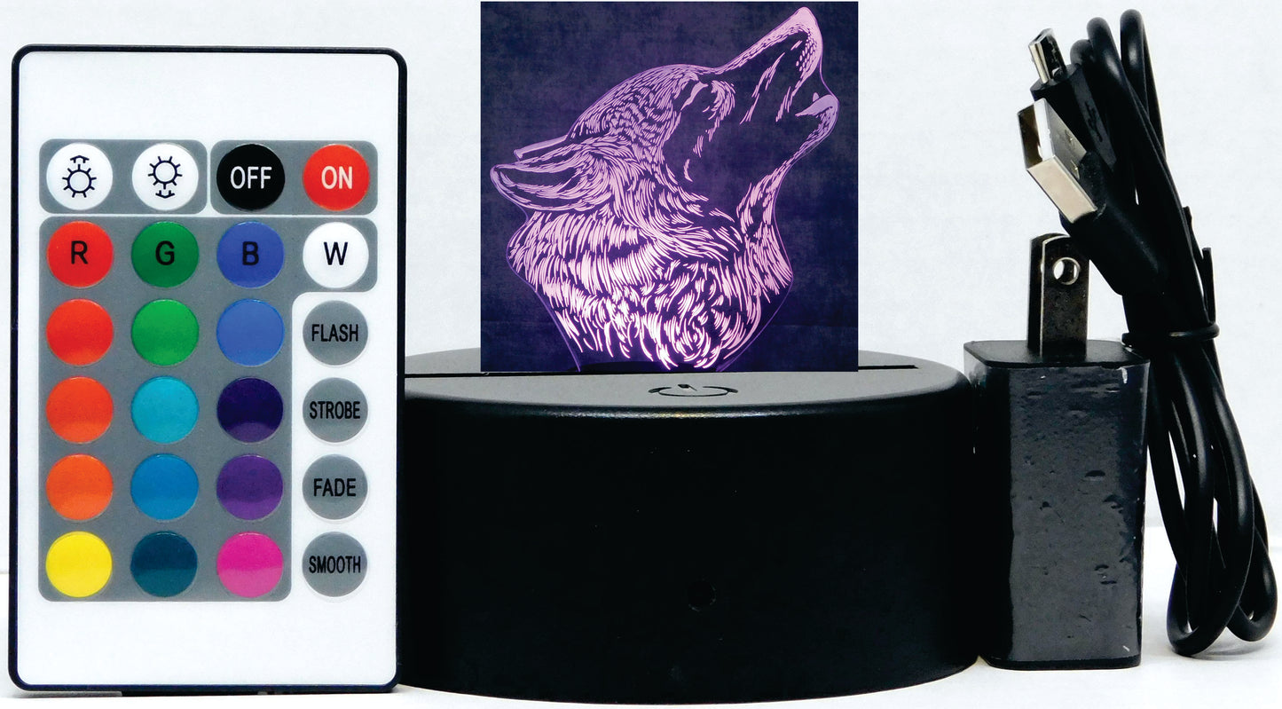 Wolf Howling 3-D Optical Illusion Multicolored Lamp