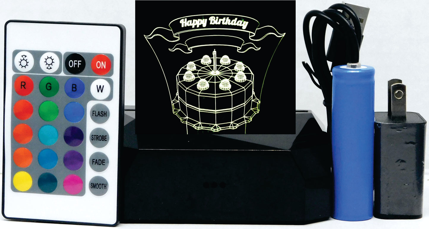 Birthday Cake 3-D Optical Illusion LED Desk, Table, Night Lamp