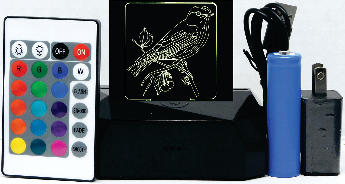 Sparrow on Branch 3-D Optical Illusion Multicolored Lamp
