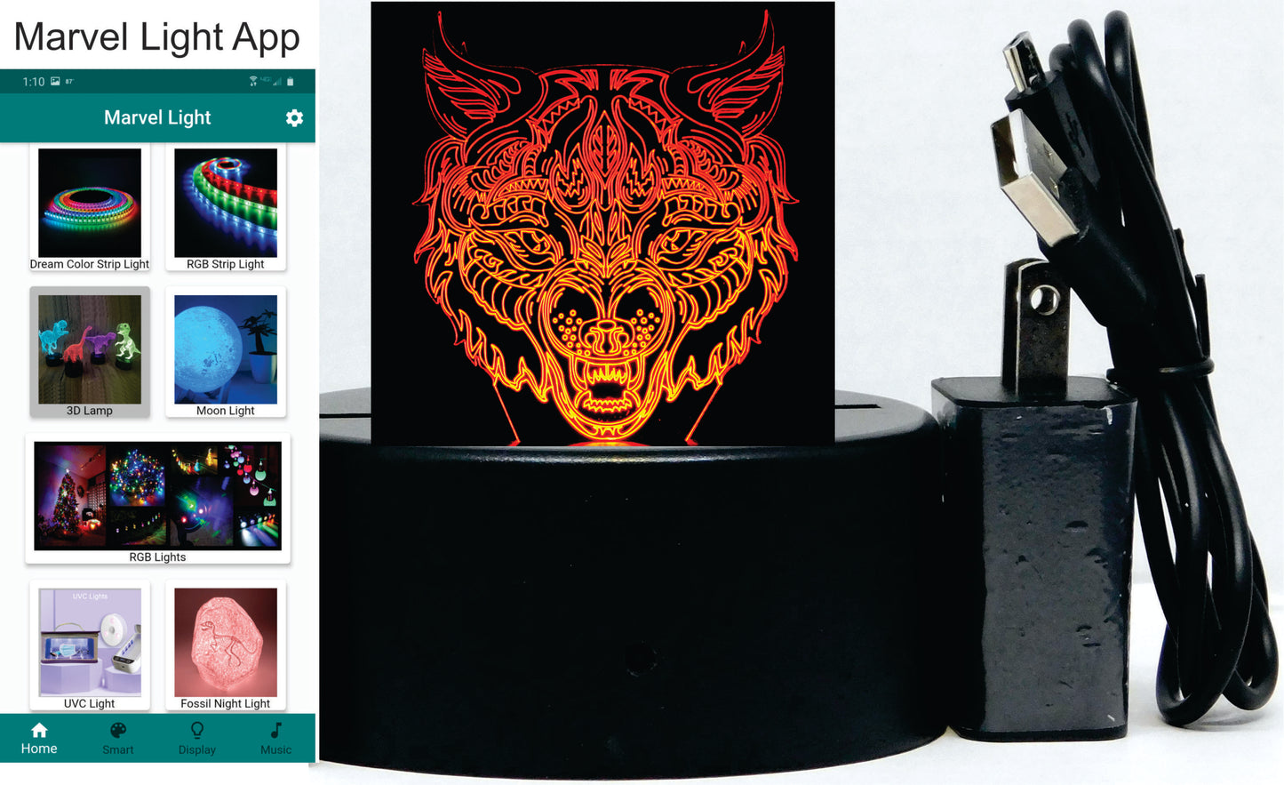 Wolf Angry Image 3-D Optical Illusion Multicolored Lamp