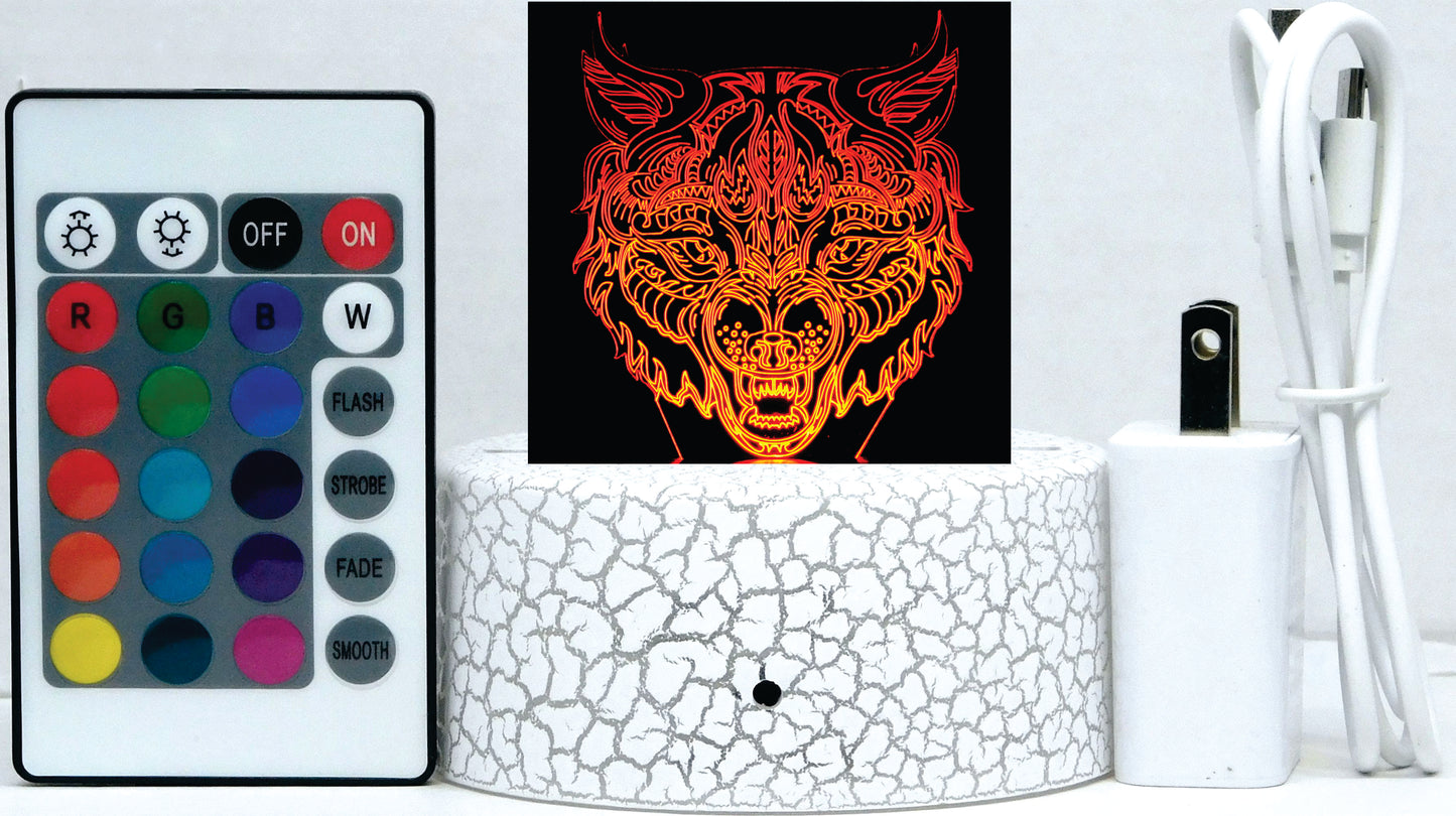 Wolf Angry Image 3-D Optical Illusion Multicolored Lamp