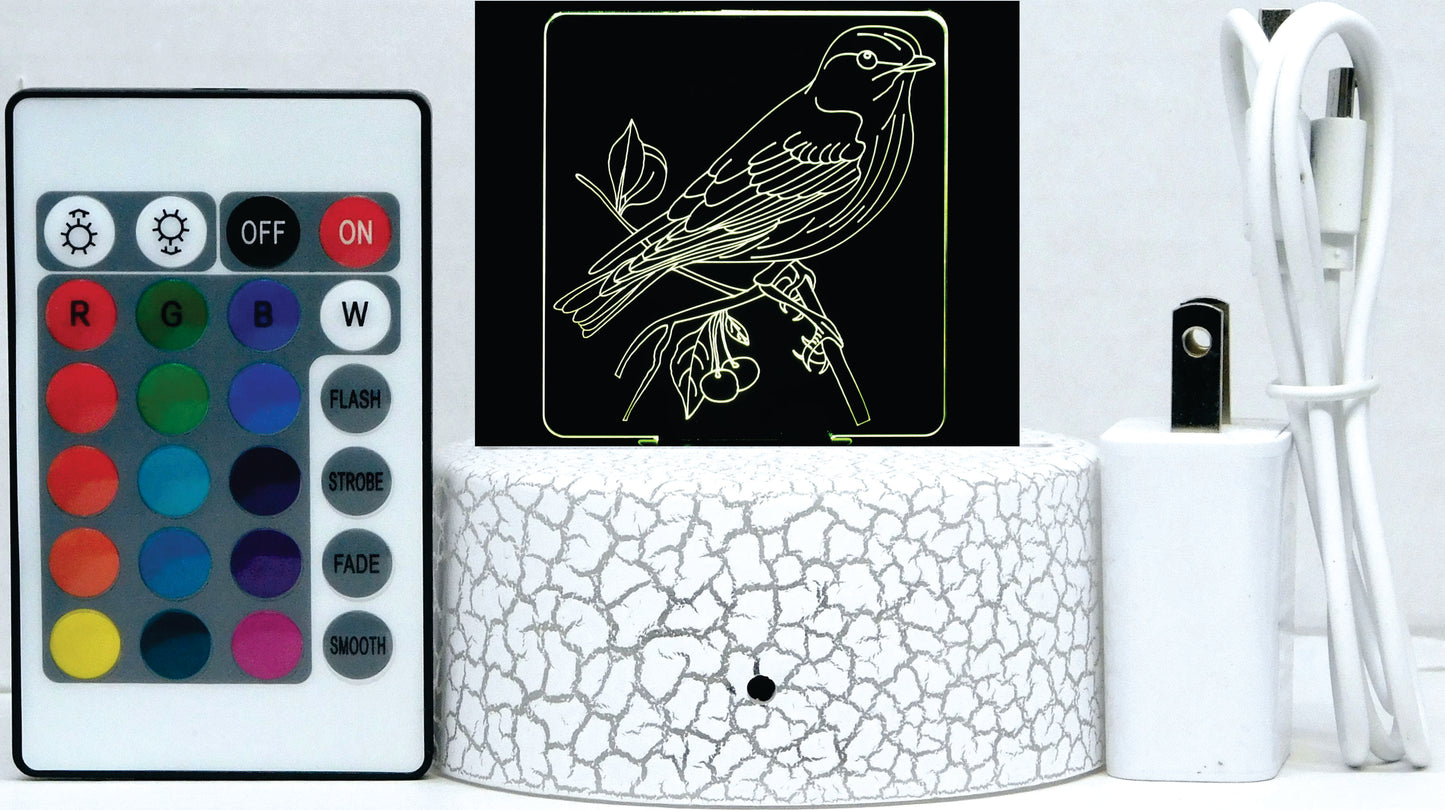 Sparrow on Branch 3-D Optical Illusion Multicolored Lamp