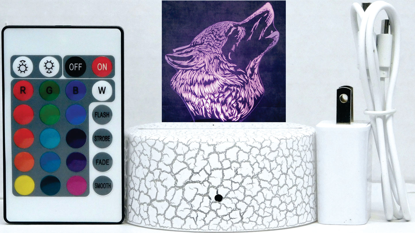 Wolf Howling 3-D Optical Illusion Multicolored Lamp